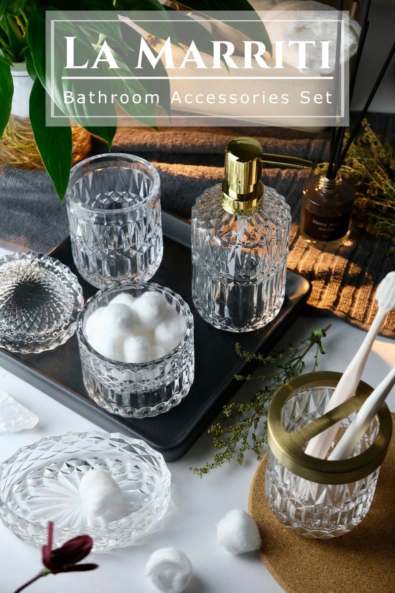 LaMarriti Glass Bathroom Accessories Set  5pcs Crystal Clear Bathroom Accessories  Toothbrush Holder Set  Lotion Dispenser  Soap Dish  Tumbler  Qtips Holder  Vintage Bathroom Decor - Image 2